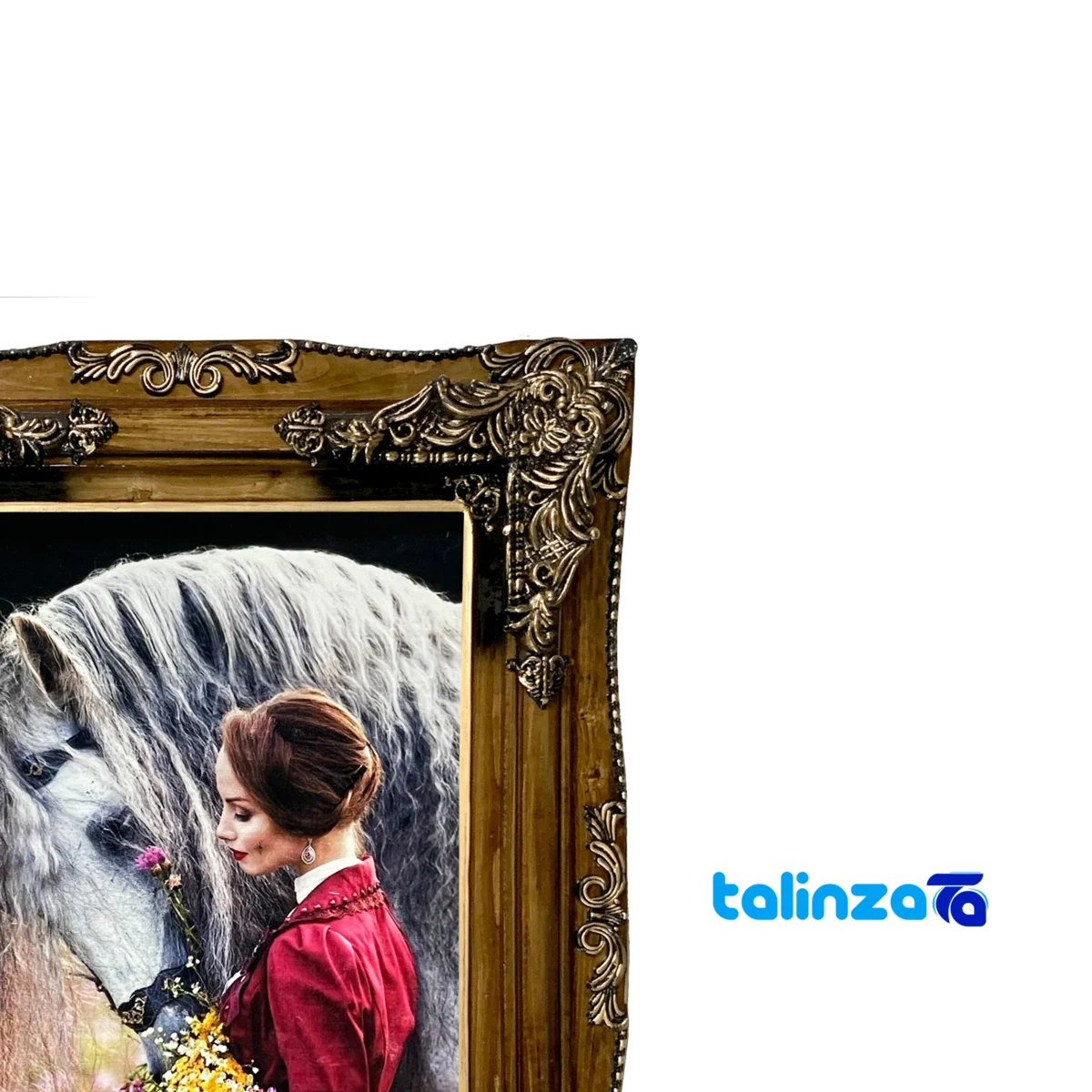 Edge view of Machine Woven Carpet Wall Art Woman and Horse border finishing