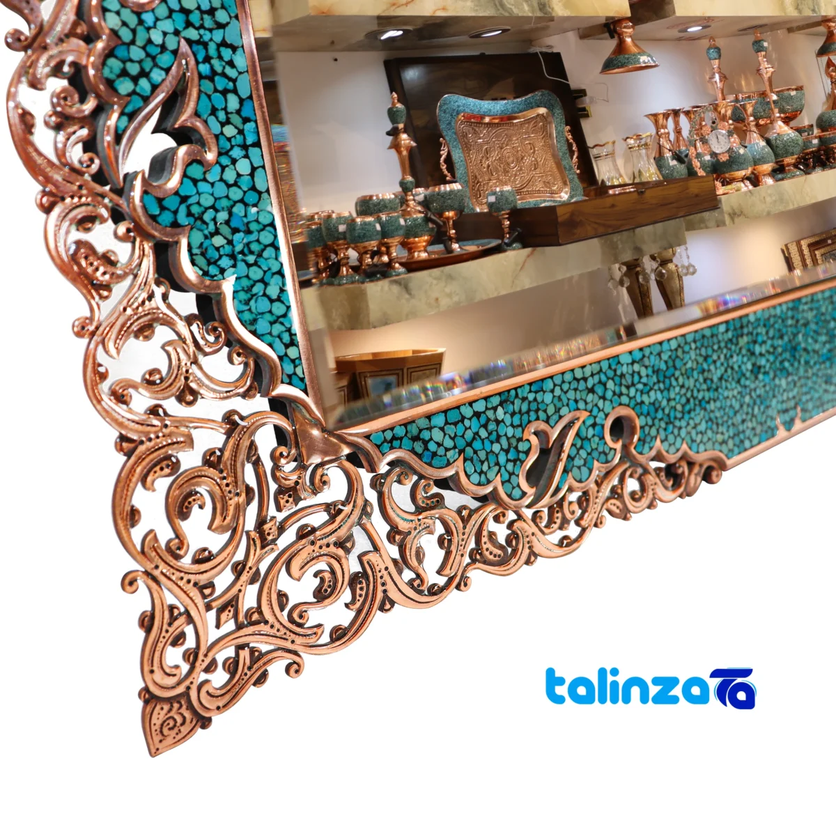 Detail view of Magnificent-Art Three Piece Turquoise Inlay Mirror Candle Holder Set finish and material