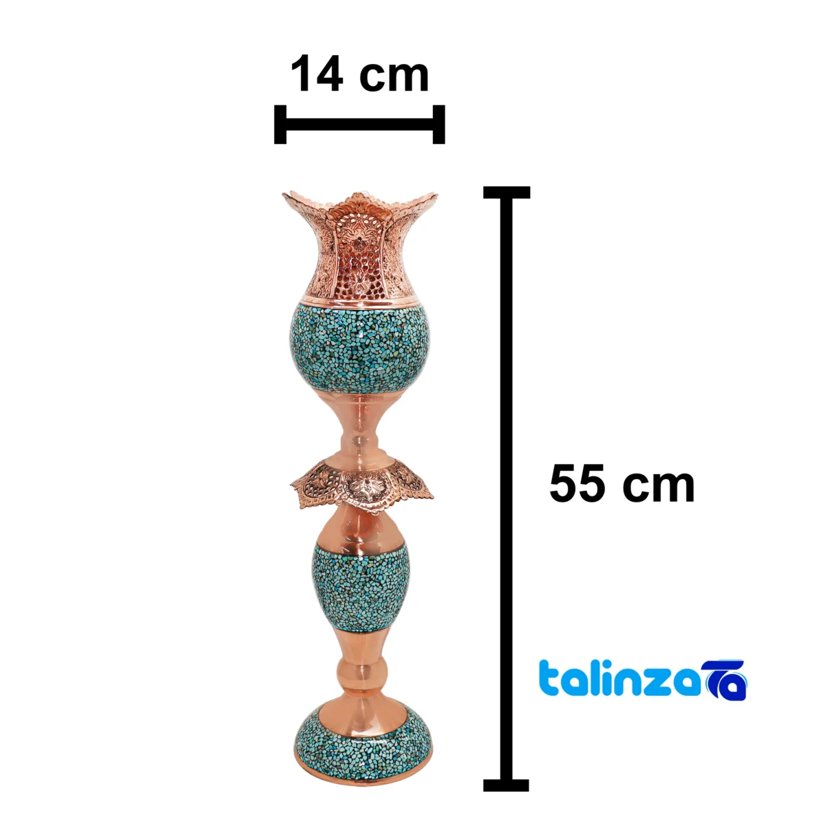 Detail view of Boteh Jaqeh Mirror Candlestick Set Nafis Copper finish and material