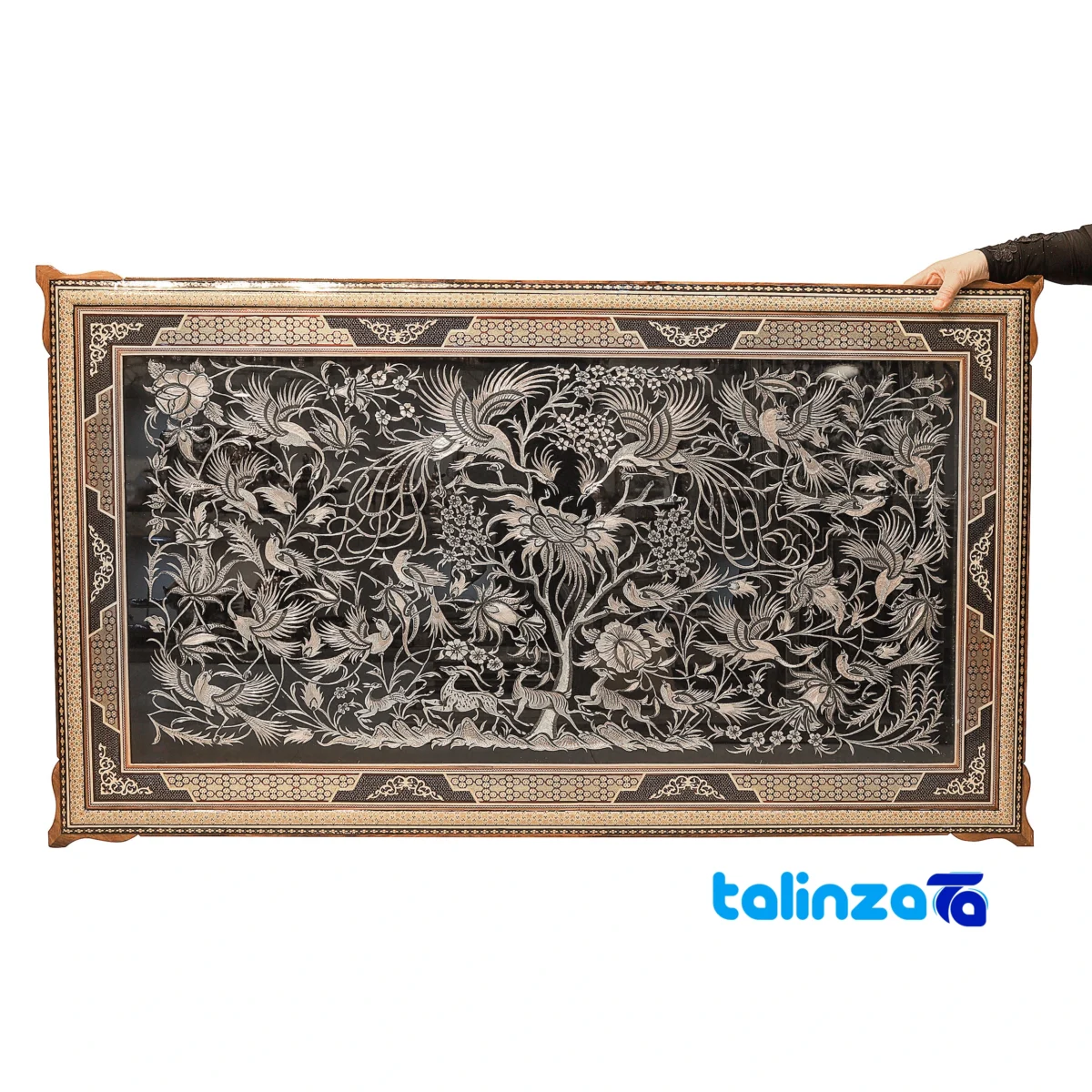 Detail view of Faakher Copper Handicraft Engraved Panel Baharestan finish and material