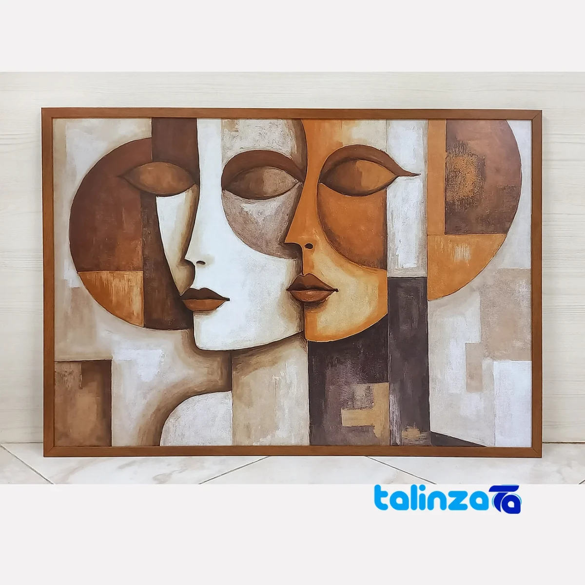 Modern Decorative Face Art Print Brown Frame - Detail view showing finish and material