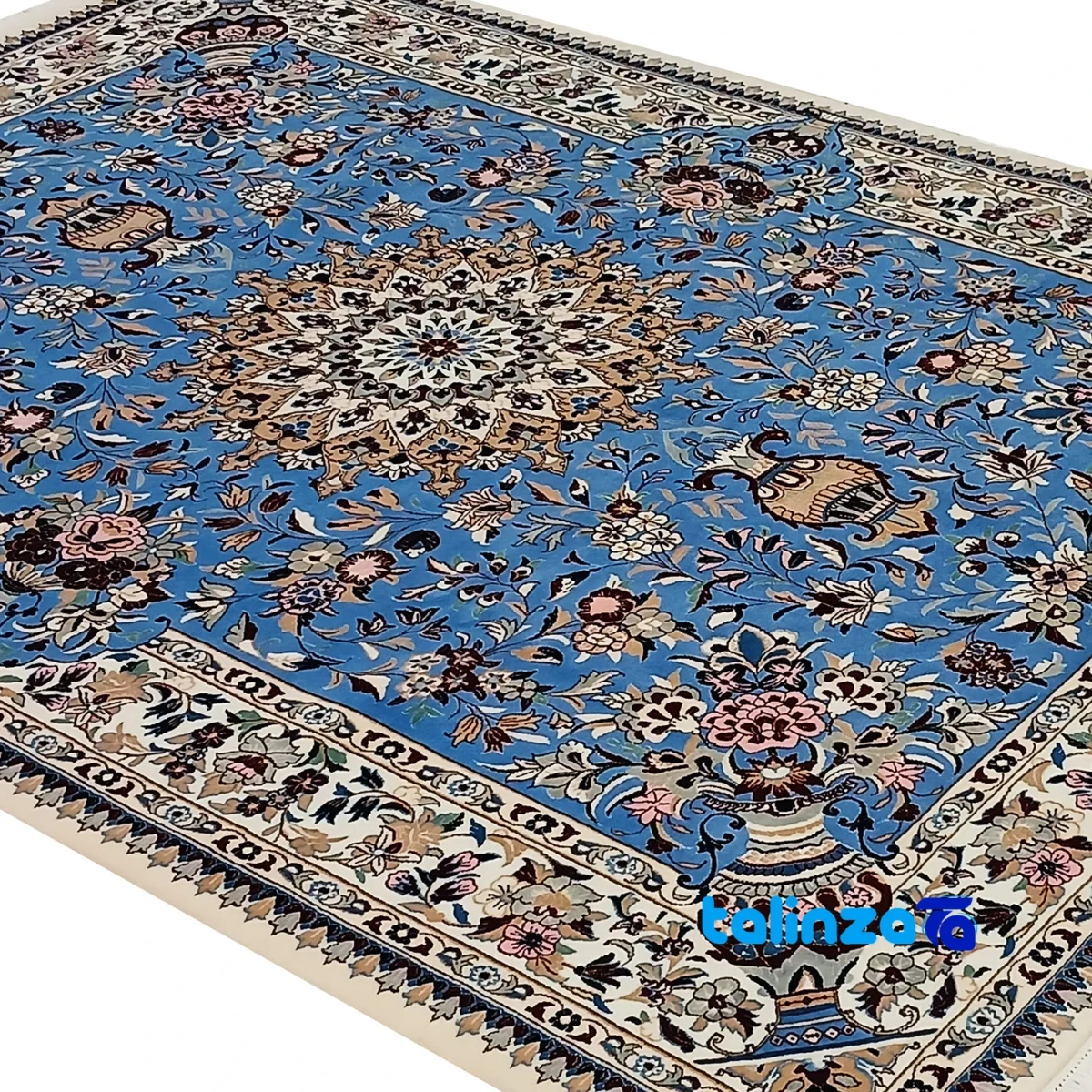 Nain Handwoven Rug Blue Traditional Design Hand wash only border and finishing (Edge view)