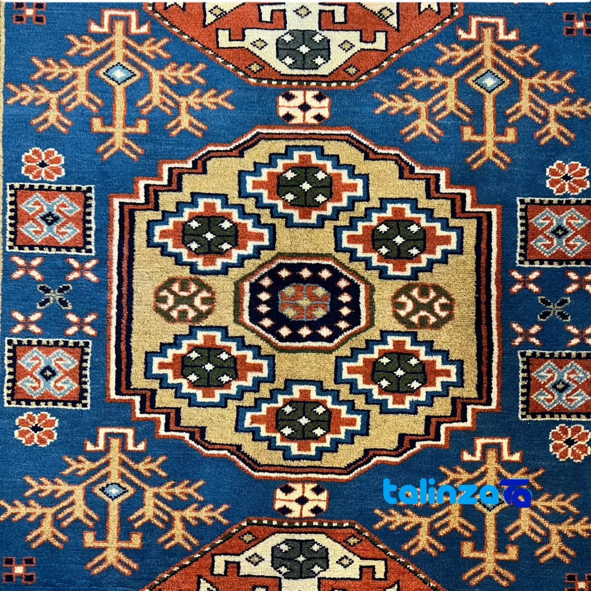 Khorasan Handwoven Rug Blue Geometric Design - Edge view showing border and finishing