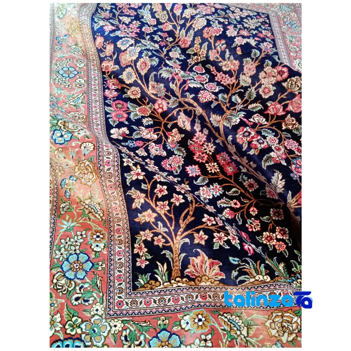 Weave close-up of YMM Handwoven Silk Rug Tree Design Navy material and craftsmanship