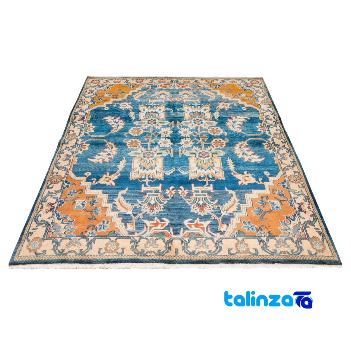 Si Persia Handwoven Rug Elegant Blue Design - Corner detail showing binding and edges