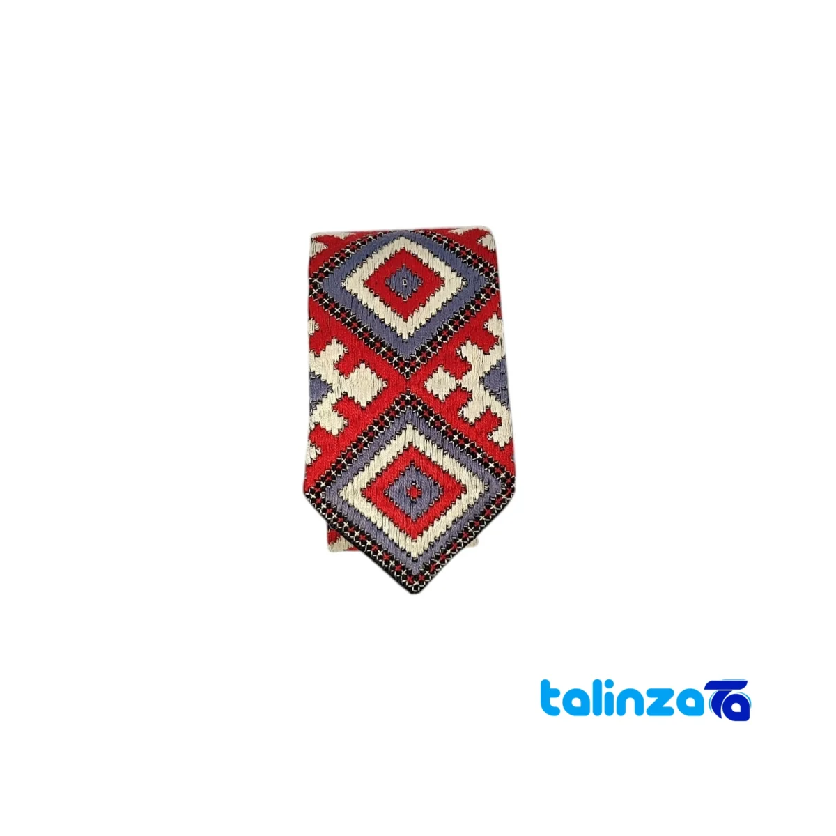 Detail view of Parizad Tie Blue Embroidery finish and material