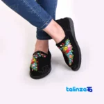 Detail view of Kerman Black Cotton Shoes Embroidered Design Kermanshah finish and material