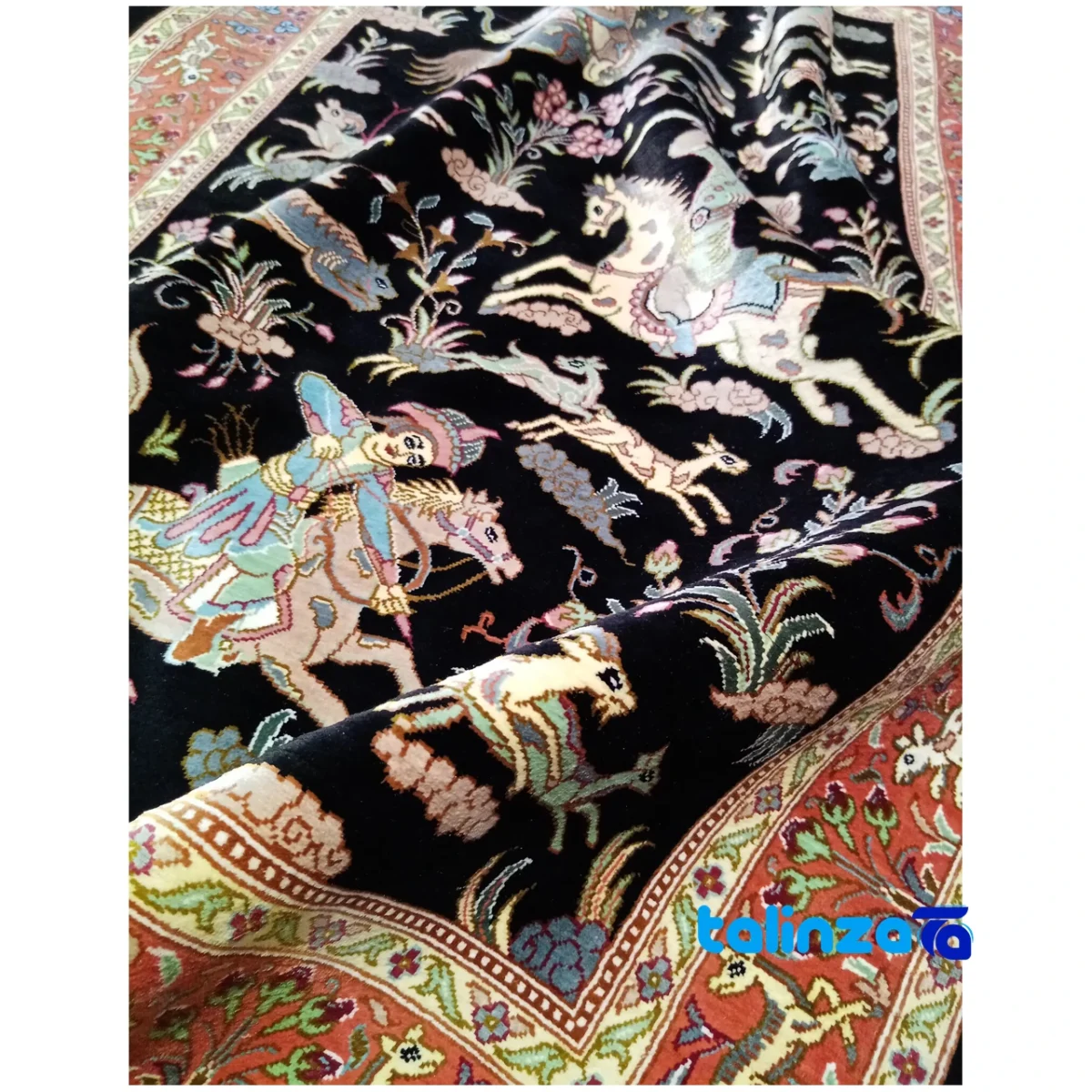 Handwoven Persian Carpet Hunting Scene Elegant Design binding and edges (Corner detail)