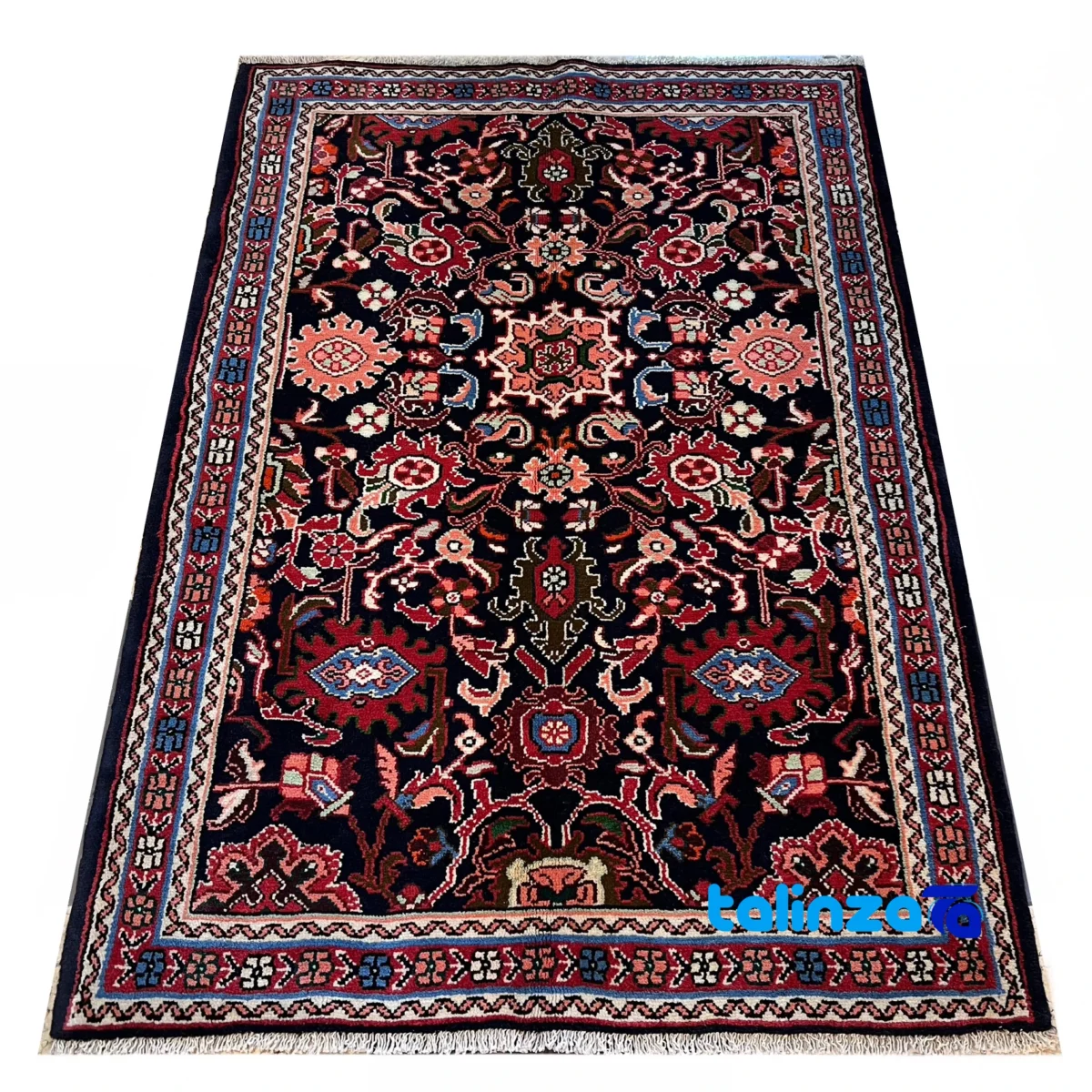 Corner detail of Handwoven Persian Carpet Hamadan Design - Navy Blue binding and edges