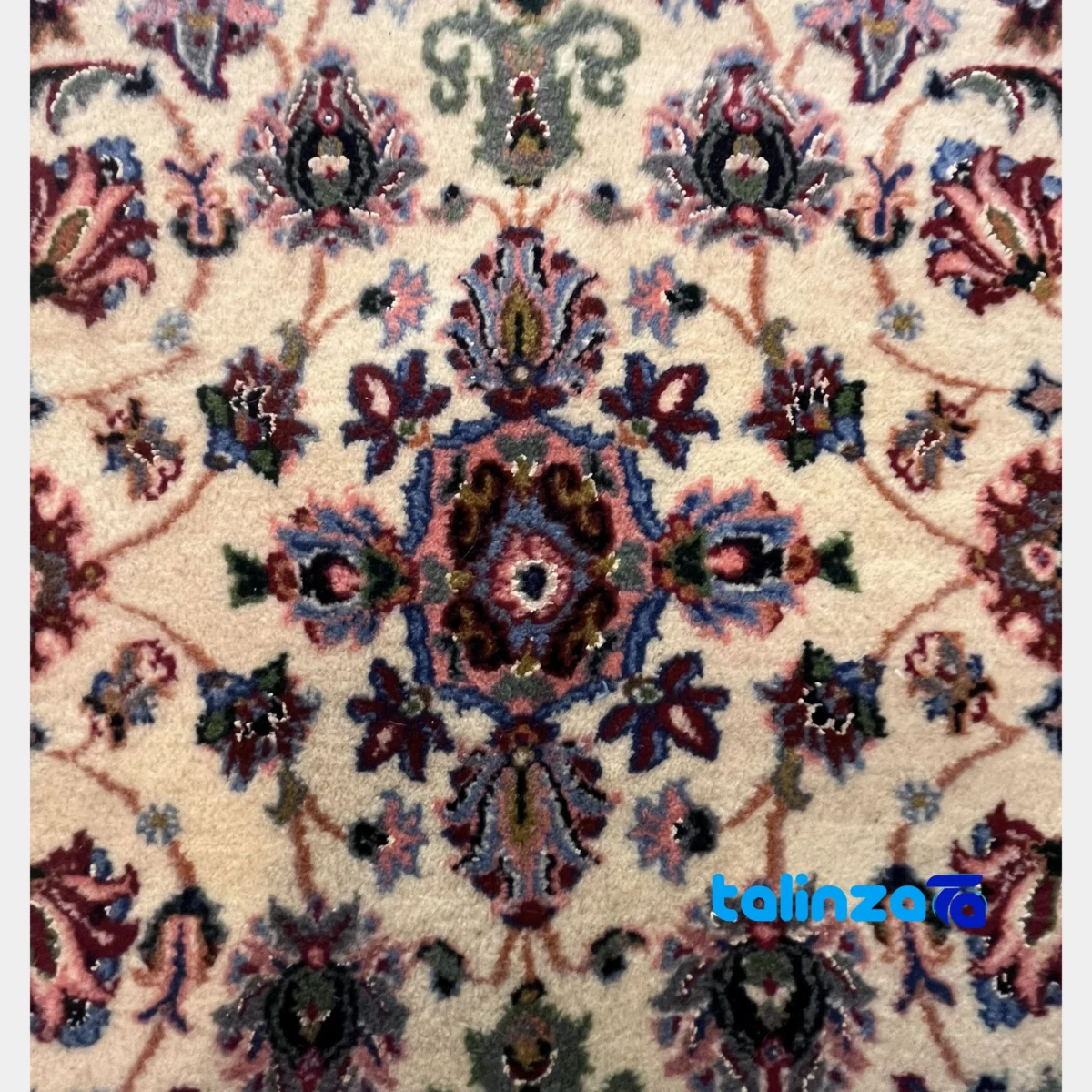Corner detail of Turkmen Design Handwoven Area Rug Cream Hand washable binding and edges