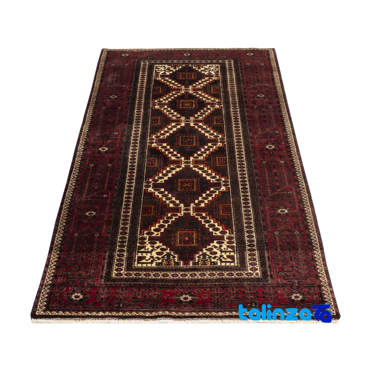 Corner detail of Handwoven Persian Rug Baloch Model 20.11.3188 binding and edges