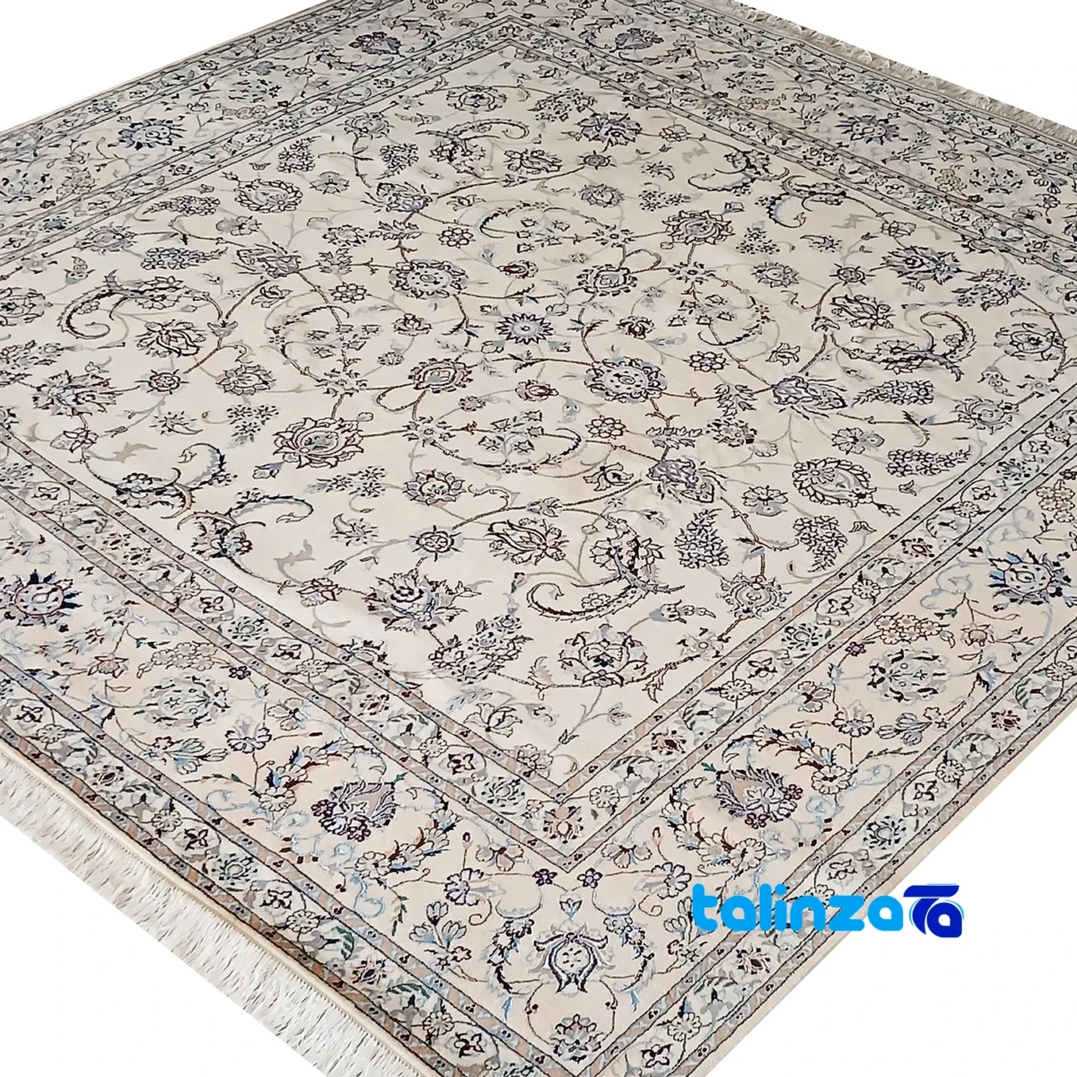 Edge view of Nain Handwoven Carpet Square Design Cream Hand washable border and finishing