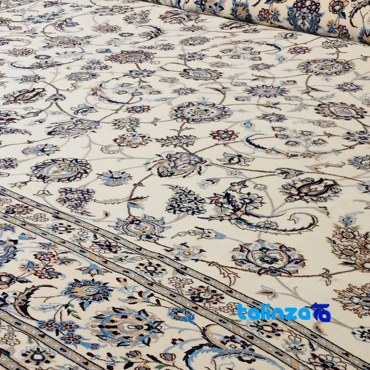Corner detail of Nain Handwoven Carpet Afshan Design Cream binding and edges