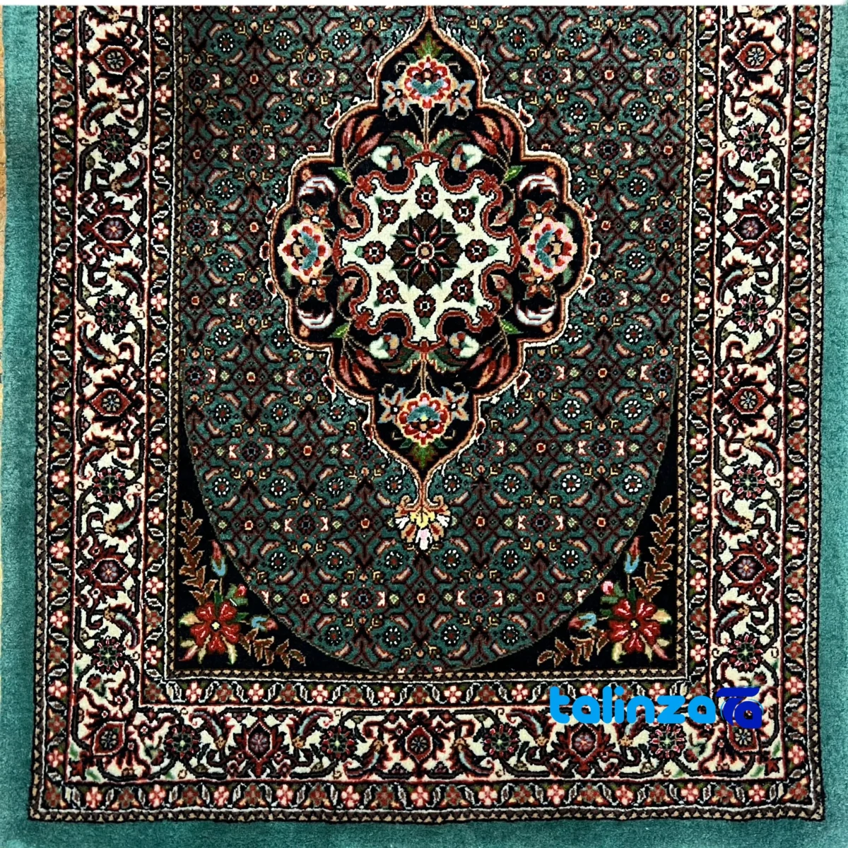 Detail view of Bijar Handwoven Runner Fish Design Green finish and material