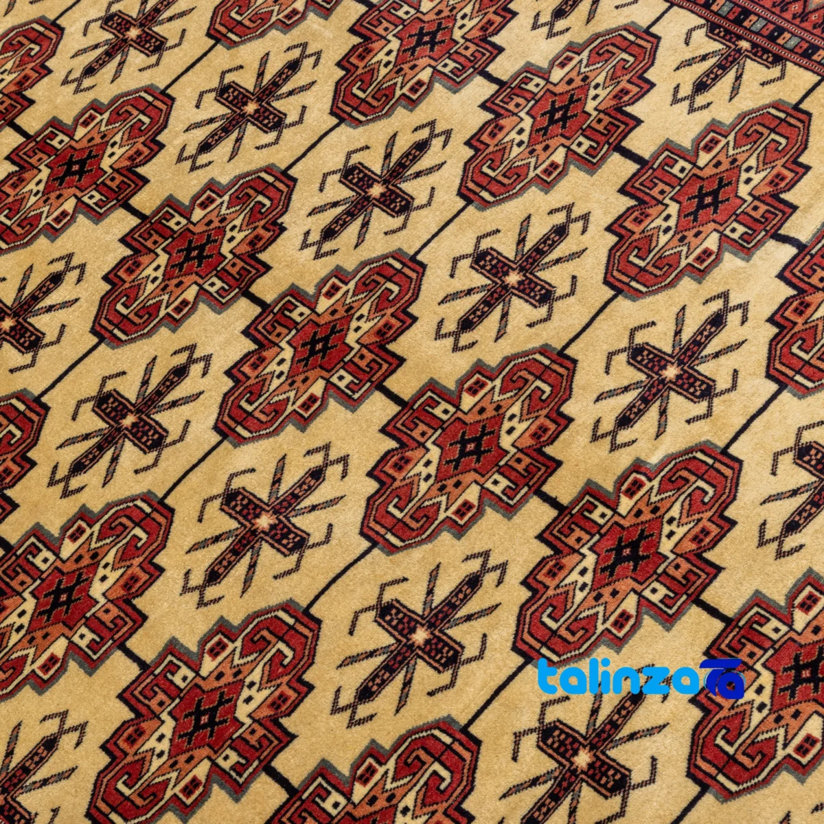 Turkmen Handwoven Carpet Unique Design - Corner detail showing binding and edges