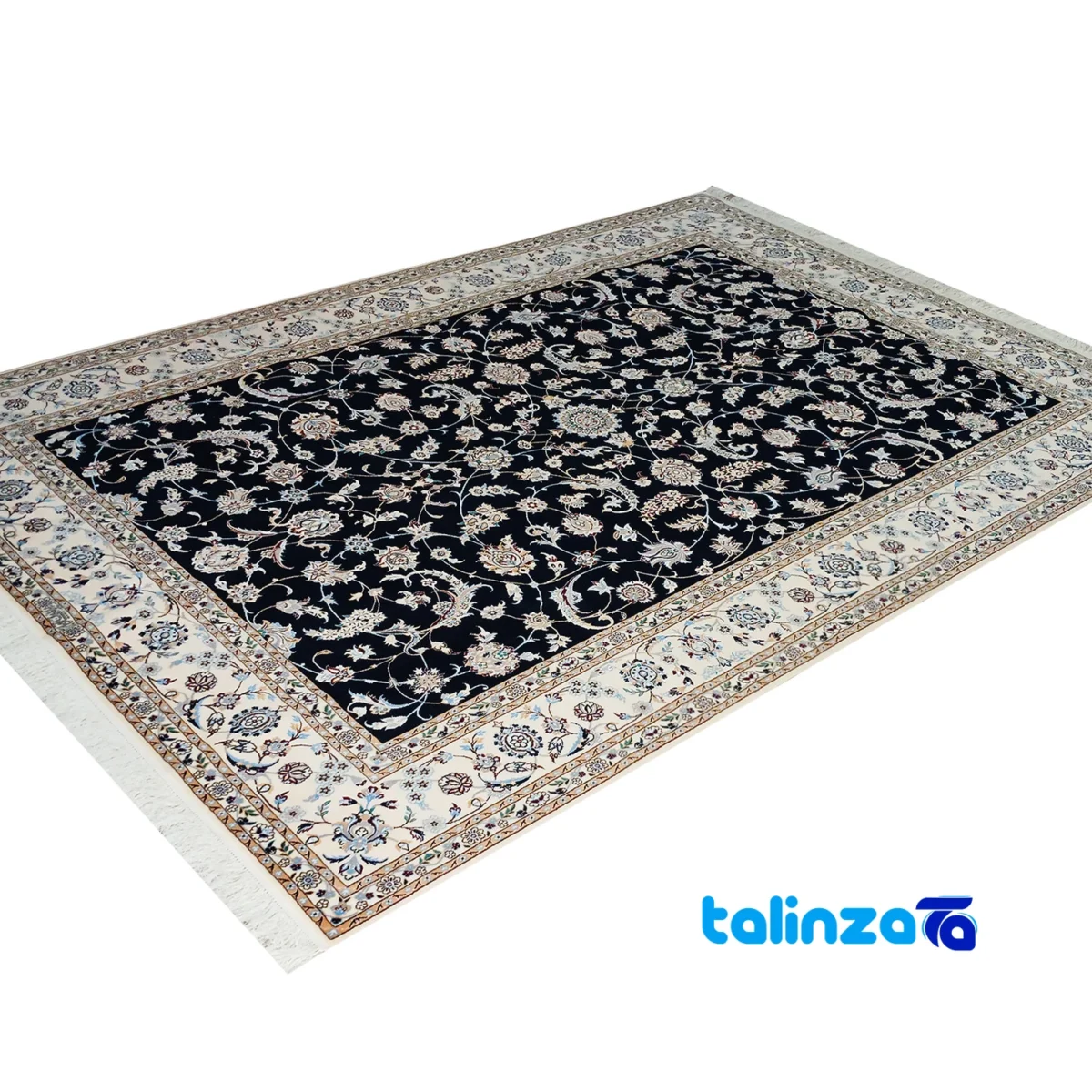 Corner detail of Nain Handmade Carpet Afsahan Design Navy Blue binding and edges