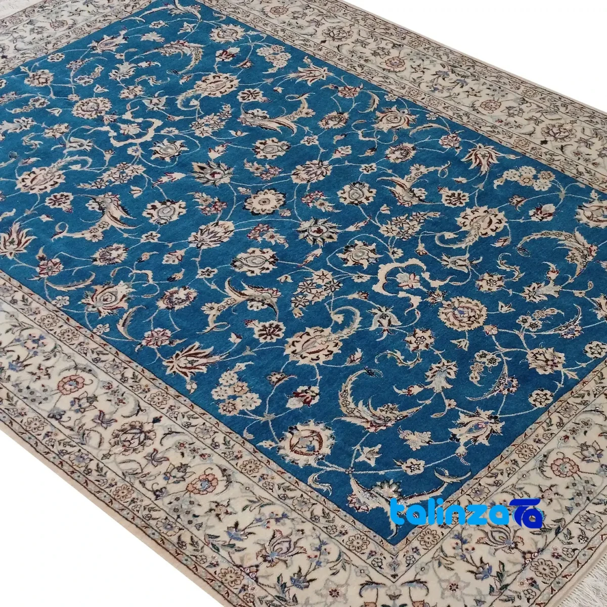 Nain Handwoven Carpet Green-Blue Floral Design - Edge view showing border and finishing