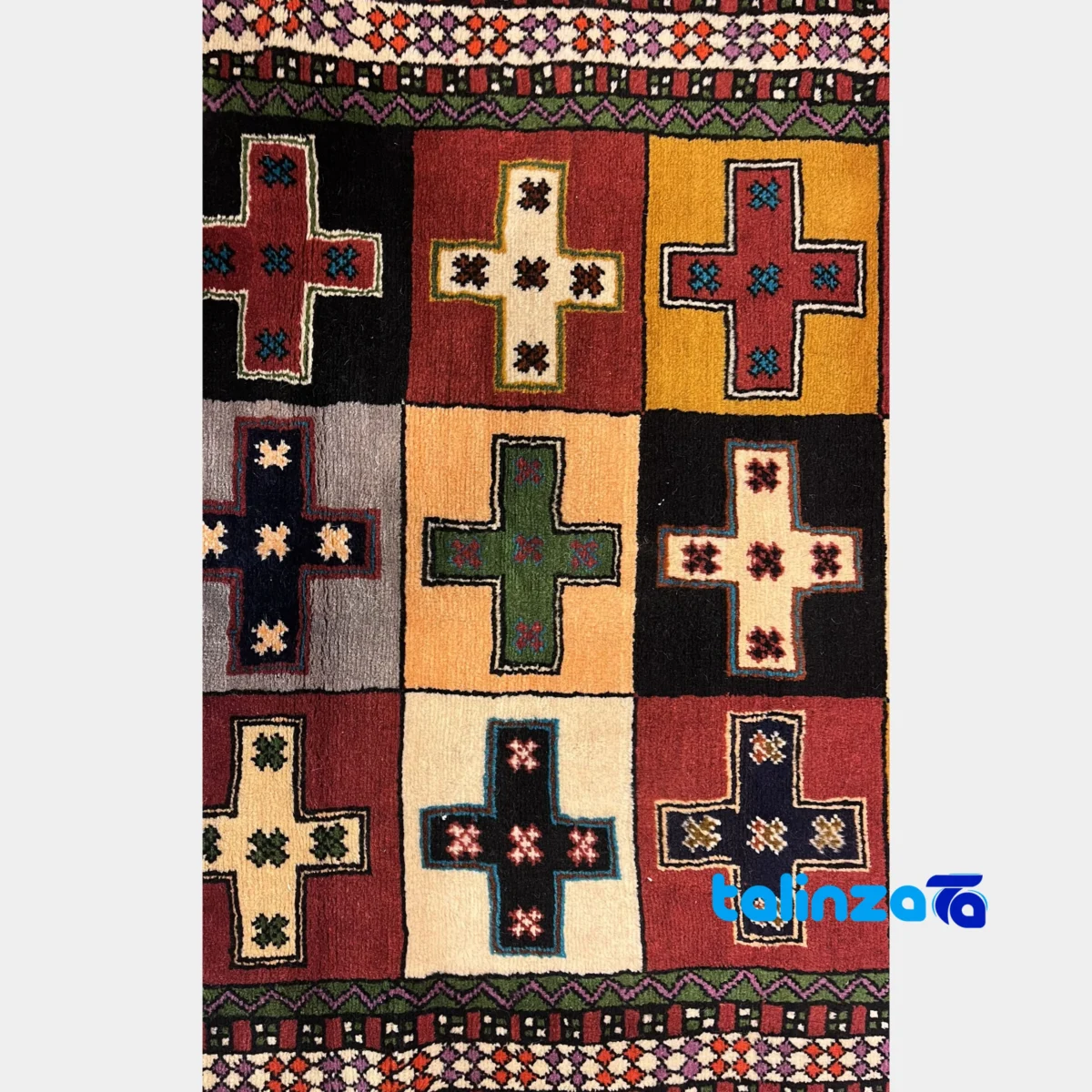 Turkmen Handwoven Carpet Red Design - Corner detail showing binding and edges