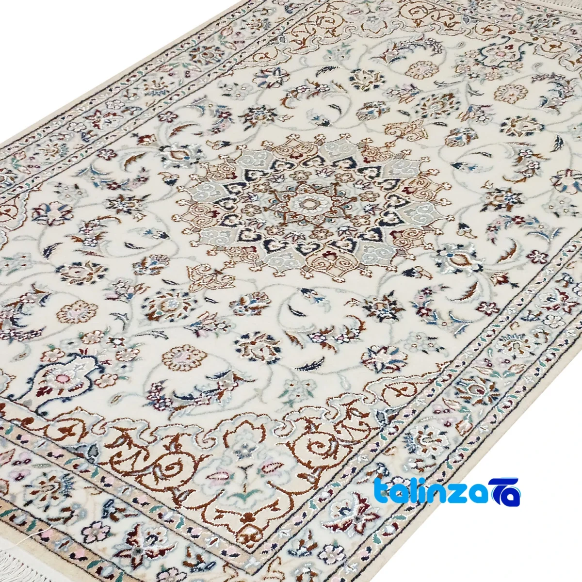 Nain Handwoven Carpet Unique Design Cream - Corner detail showing binding and edges