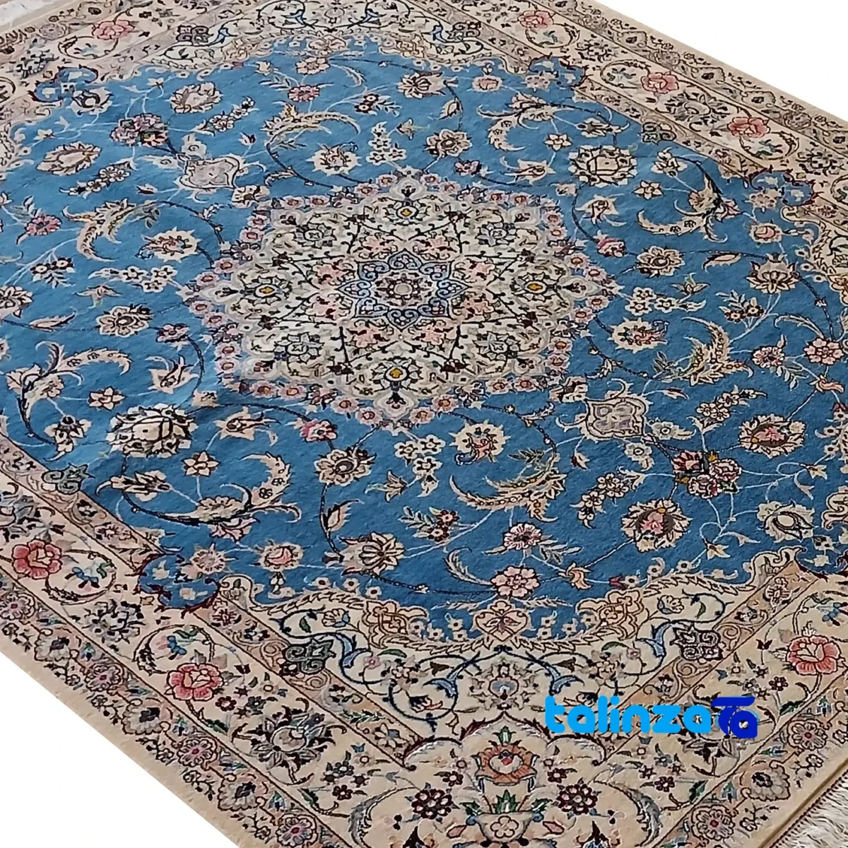 Nain Handwoven Rug Lattice Design Blue - Edge view showing border and finishing