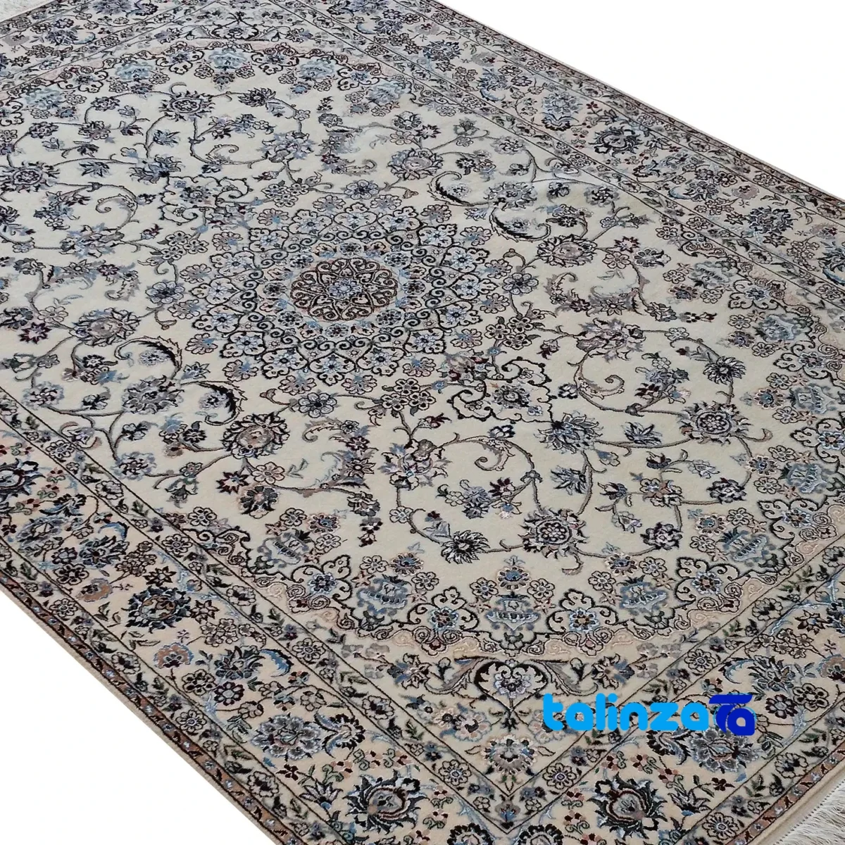 Corner detail of Nain Handwoven Carpet Latchak Design Cream binding and edges