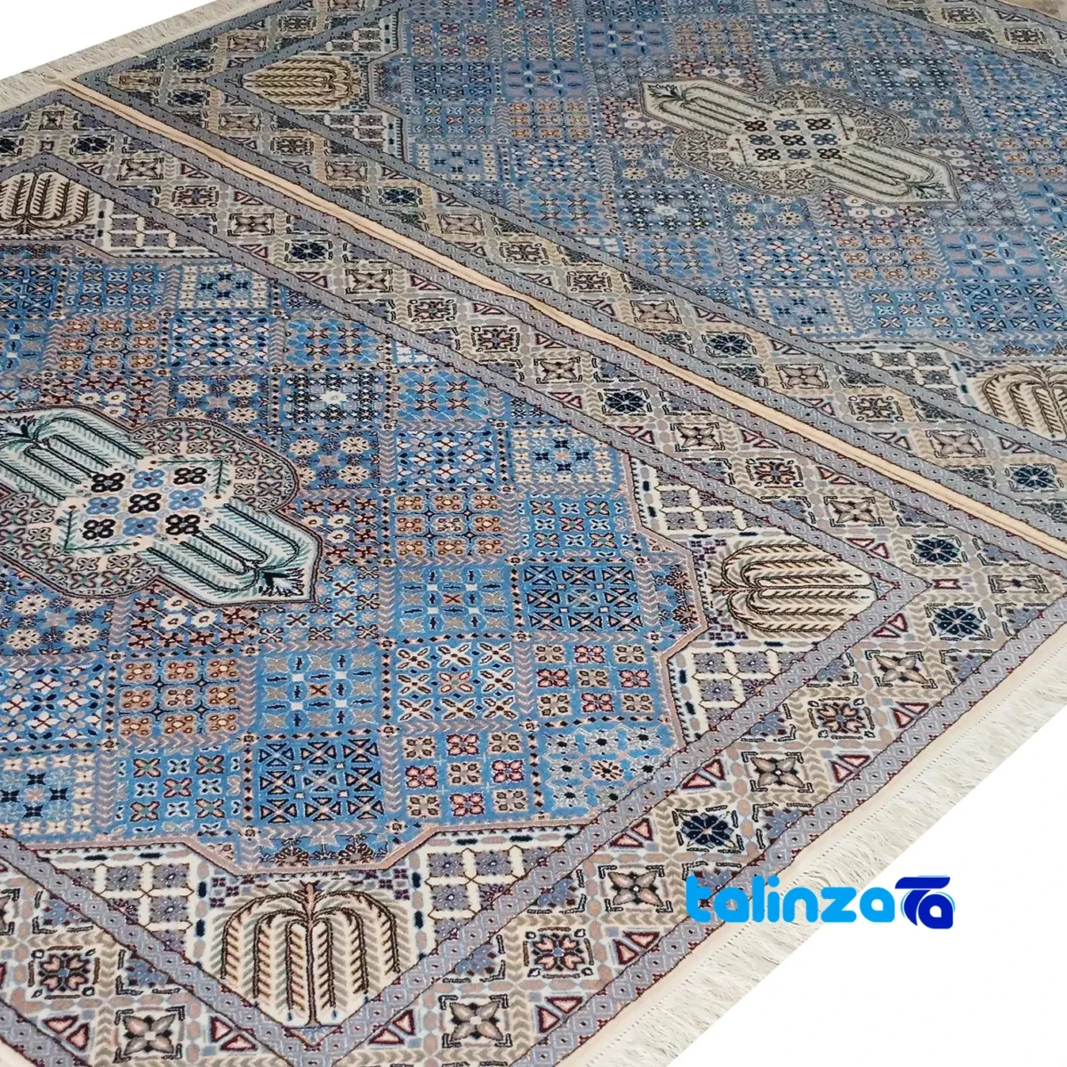 Nain Persian Rug Handwoven Blue Design - Corner detail showing binding and edges