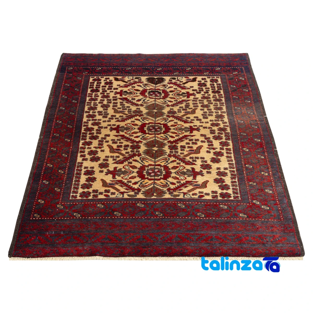 Handwoven Persian Rug Baloch Design Natural Dye Cream - Edge view showing border and finishing