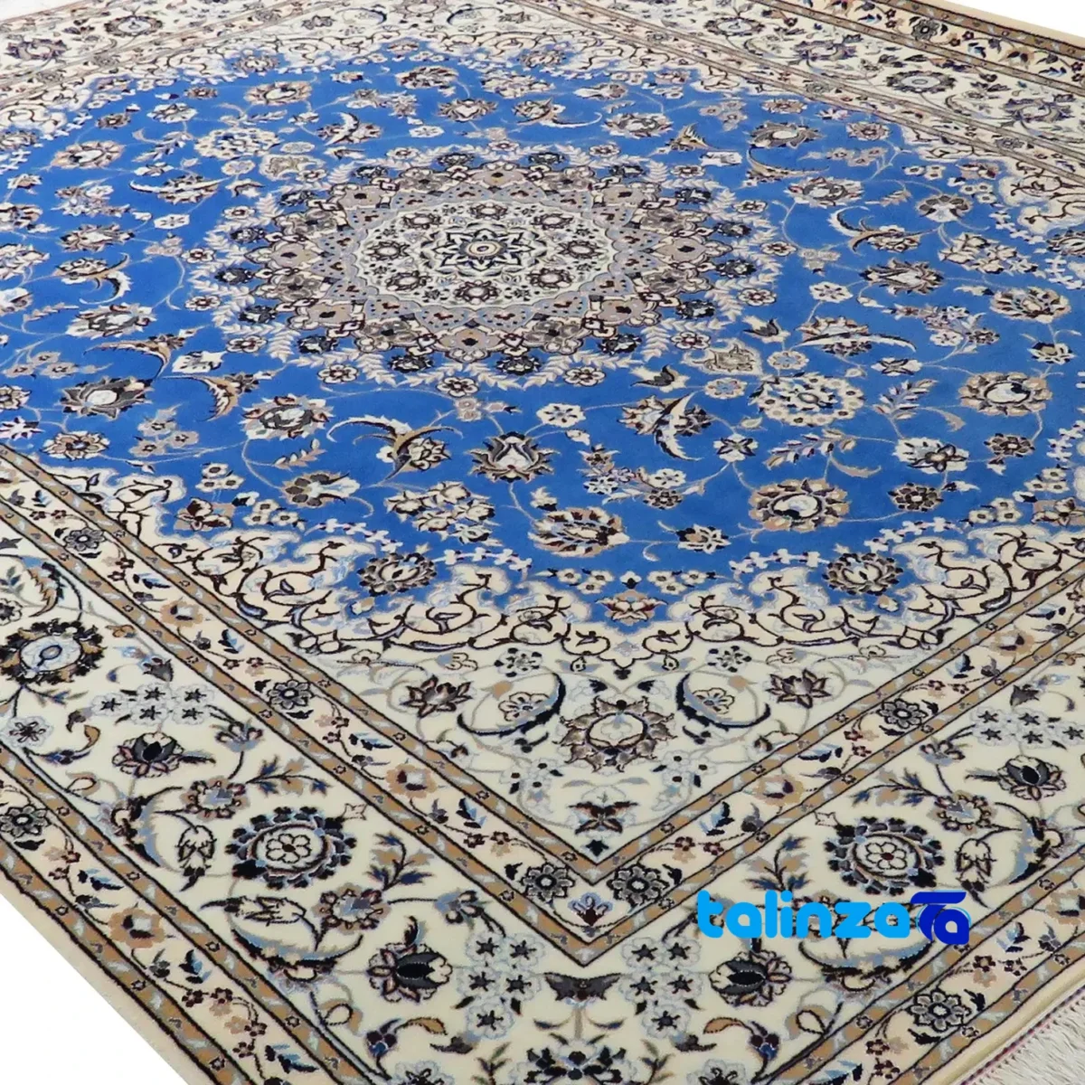 Nain Handwoven Carpet Blue Unique Design - Corner detail showing binding and edges