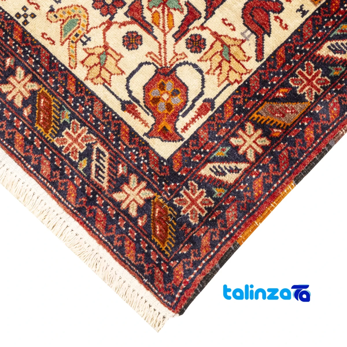 Handwoven Persian Rug Baloch Design Cream Background border and finishing (Edge view)