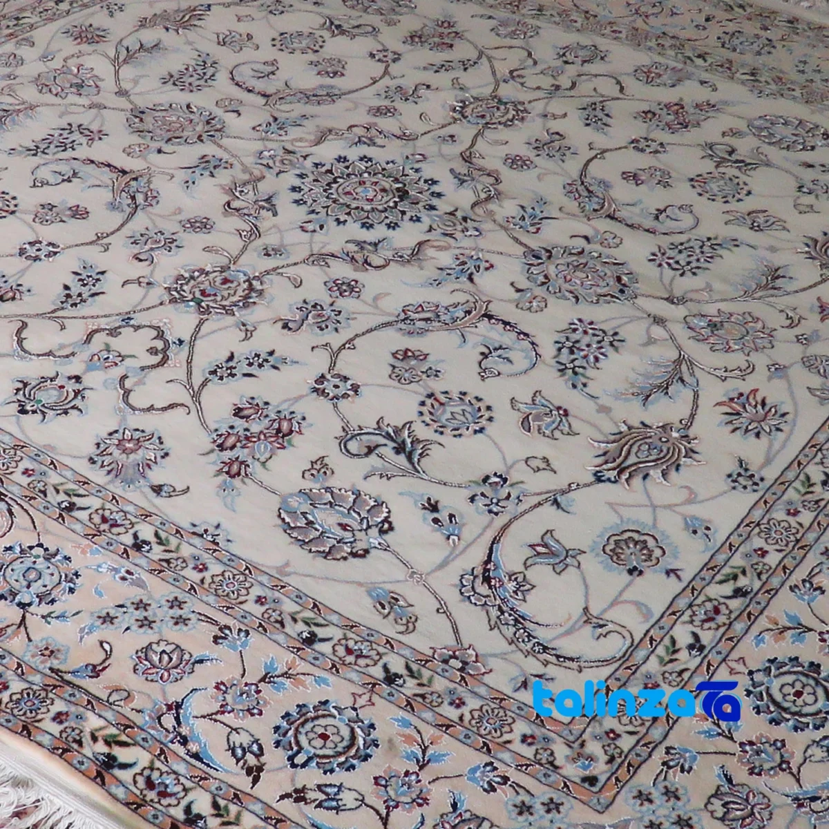 Nain Handwoven Carpet Square Design Cream binding and edges (Corner detail)