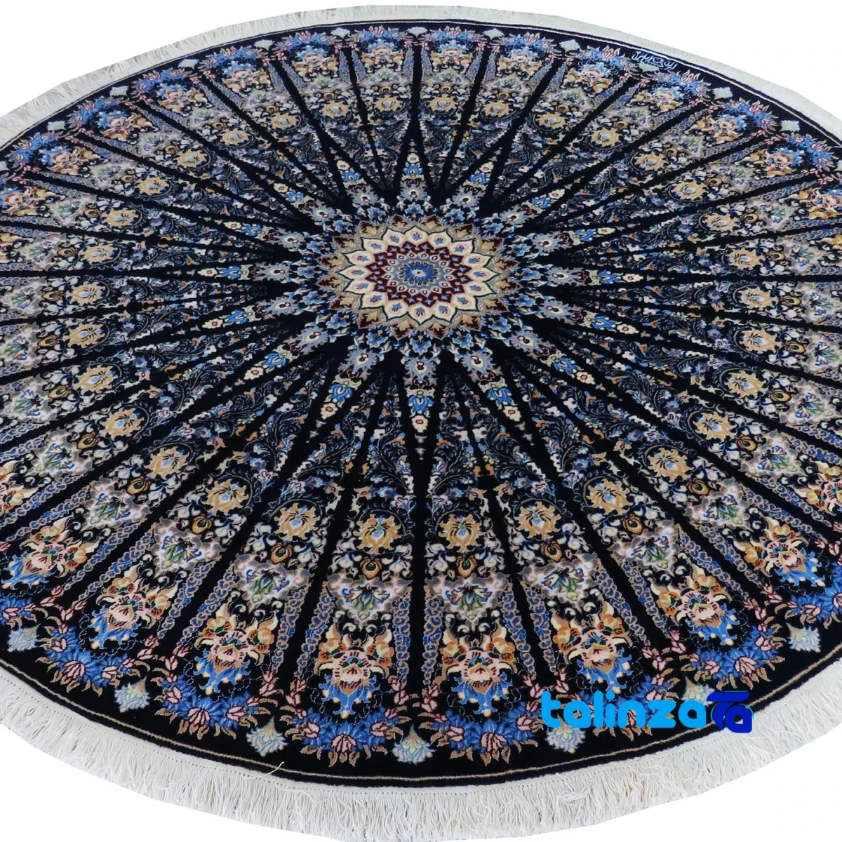 Nain Handwoven Round Carpet 3. Unique Design Navy - Edge view showing border and finishing