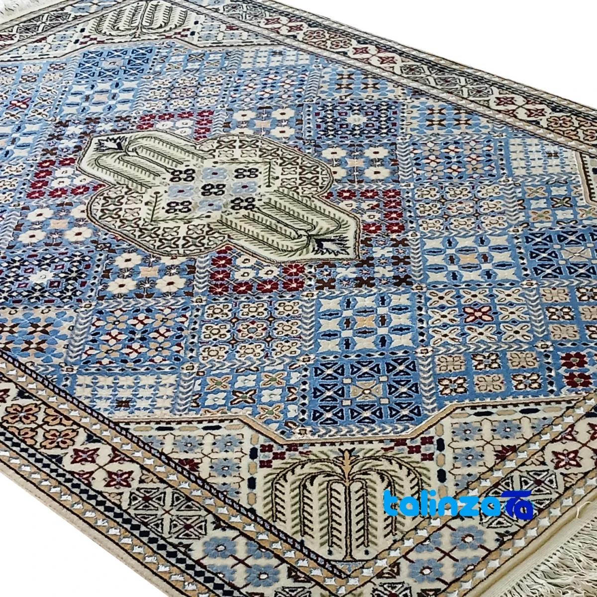 Corner detail of Nain Handwoven Carpet Blue Traditional Design binding and edges