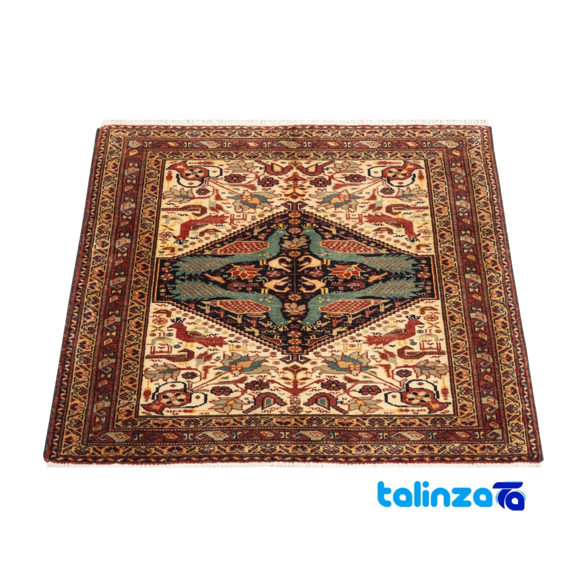 Corner detail of Persian Handwoven Rug Baloch Design Natural Dye Cream binding and edges
