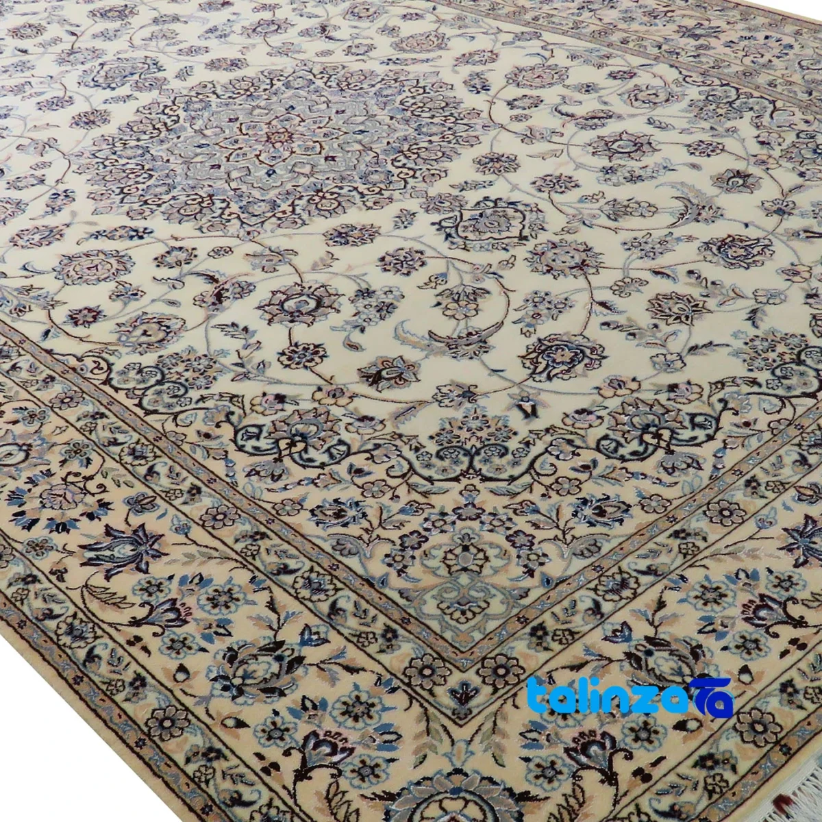 Corner detail of Nain Handwoven Carpet Latchak Design Cream 305x205x0. binding and edges