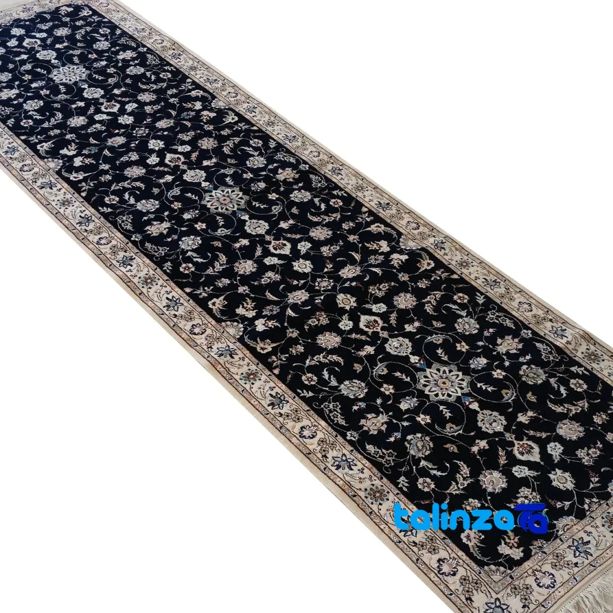 Corner detail of Nain Handwoven Area Rug Floral Design Navy Hand washable binding and edges