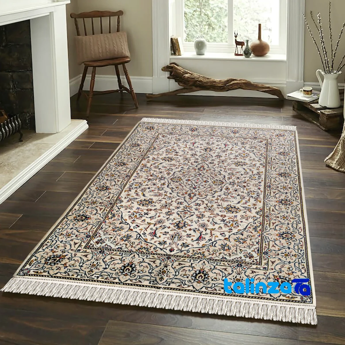 Kashan Handmade Rug Cream Rectangular Design binding and edges (Corner detail)