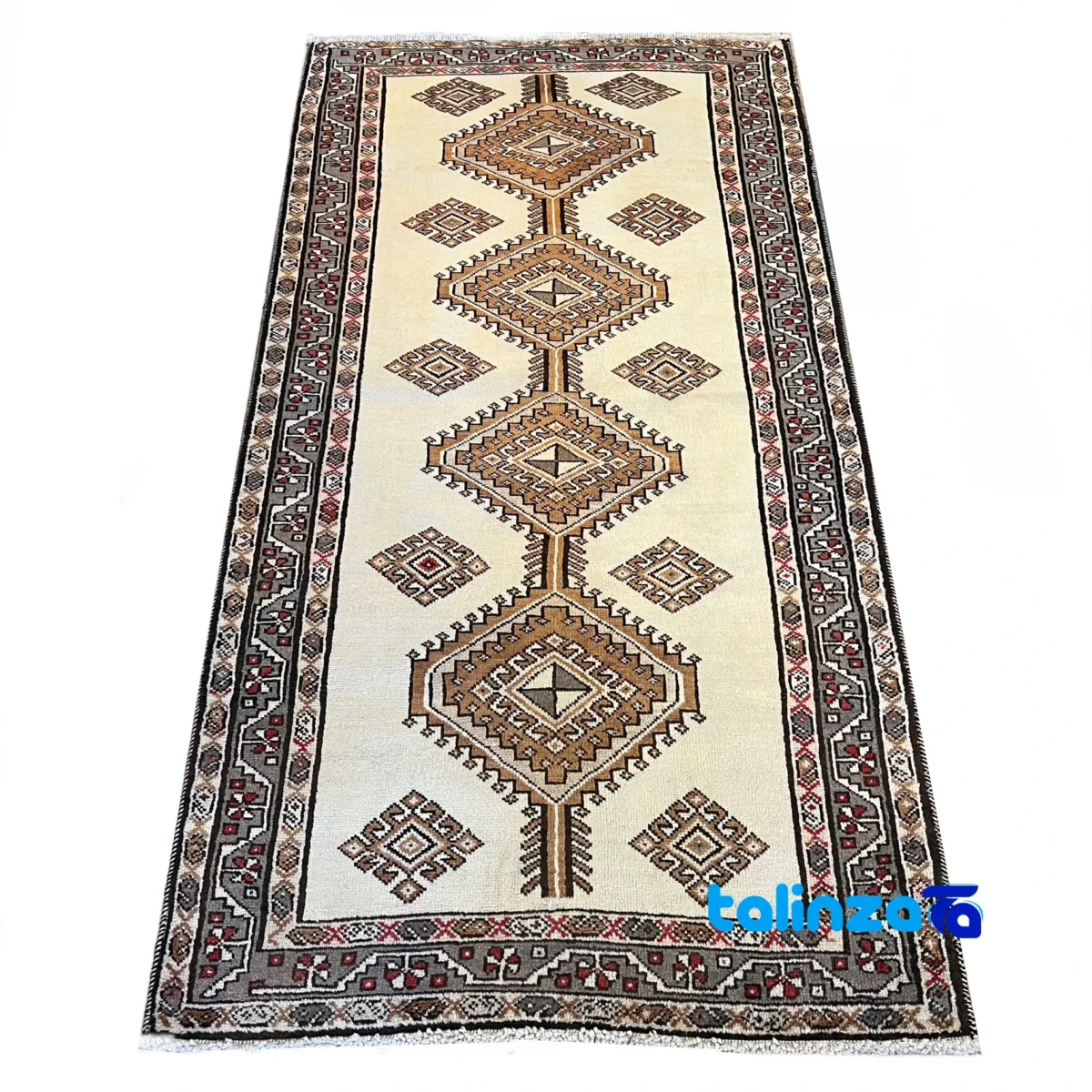 Shiraz Handmade Carpet Geometric Design Cream binding and edges (Corner detail)