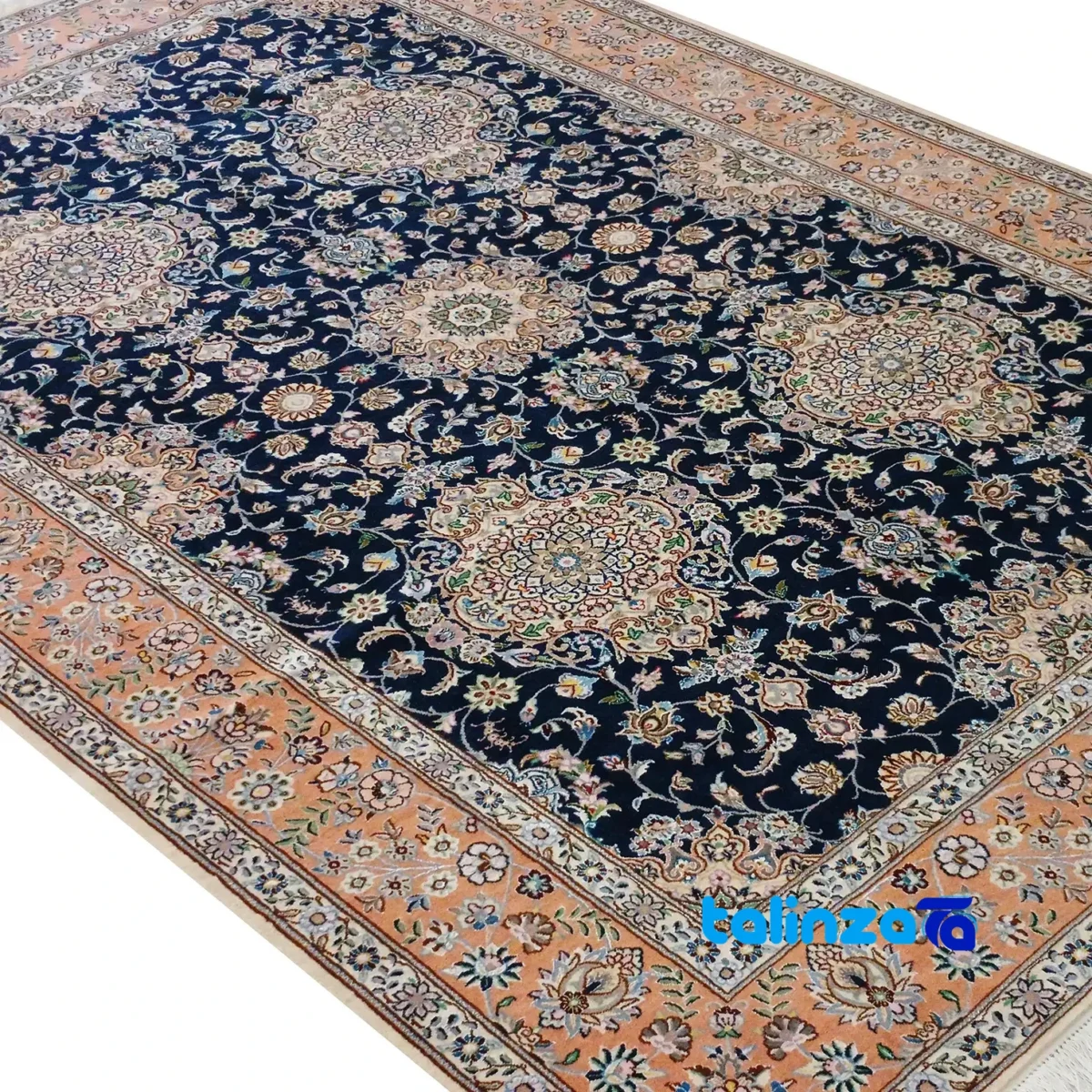 Edge view of Nain Royal Handwoven Rug 6 Meter Navy Blue border and finishing