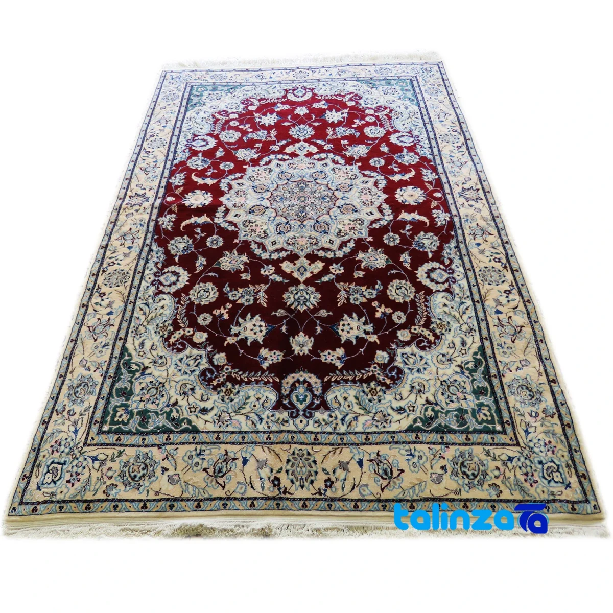 Nain Handwoven Carpet Latch and Medallion Design Red binding edges (Corner detail)