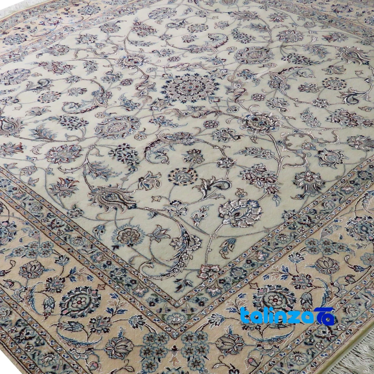 Nain Persian Handwoven Carpet Square Traditional Design - Corner detail showing binding and edges