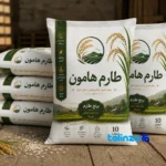Packaging view of Tarom Hashemi Rice Premium 100 percent bag seal and material