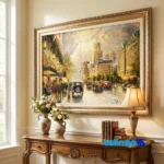 Edge view of C Persia Handwoven Tapestry New York Rain Scene border and finishing