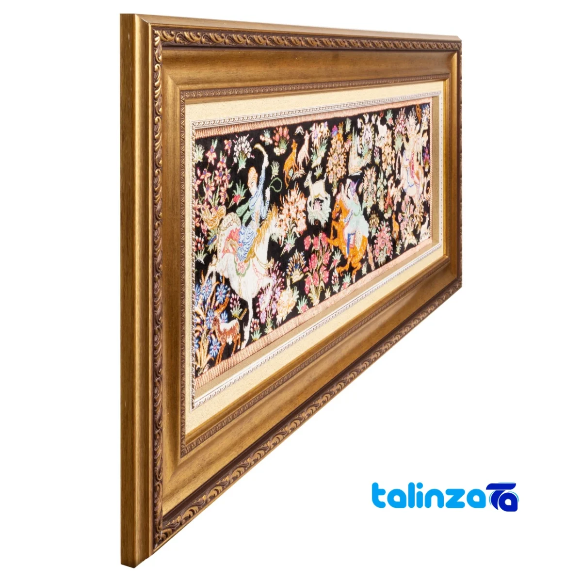 Edge view of Si Persia Handwoven Carpet Tapestry Hunting Scene border and finishing