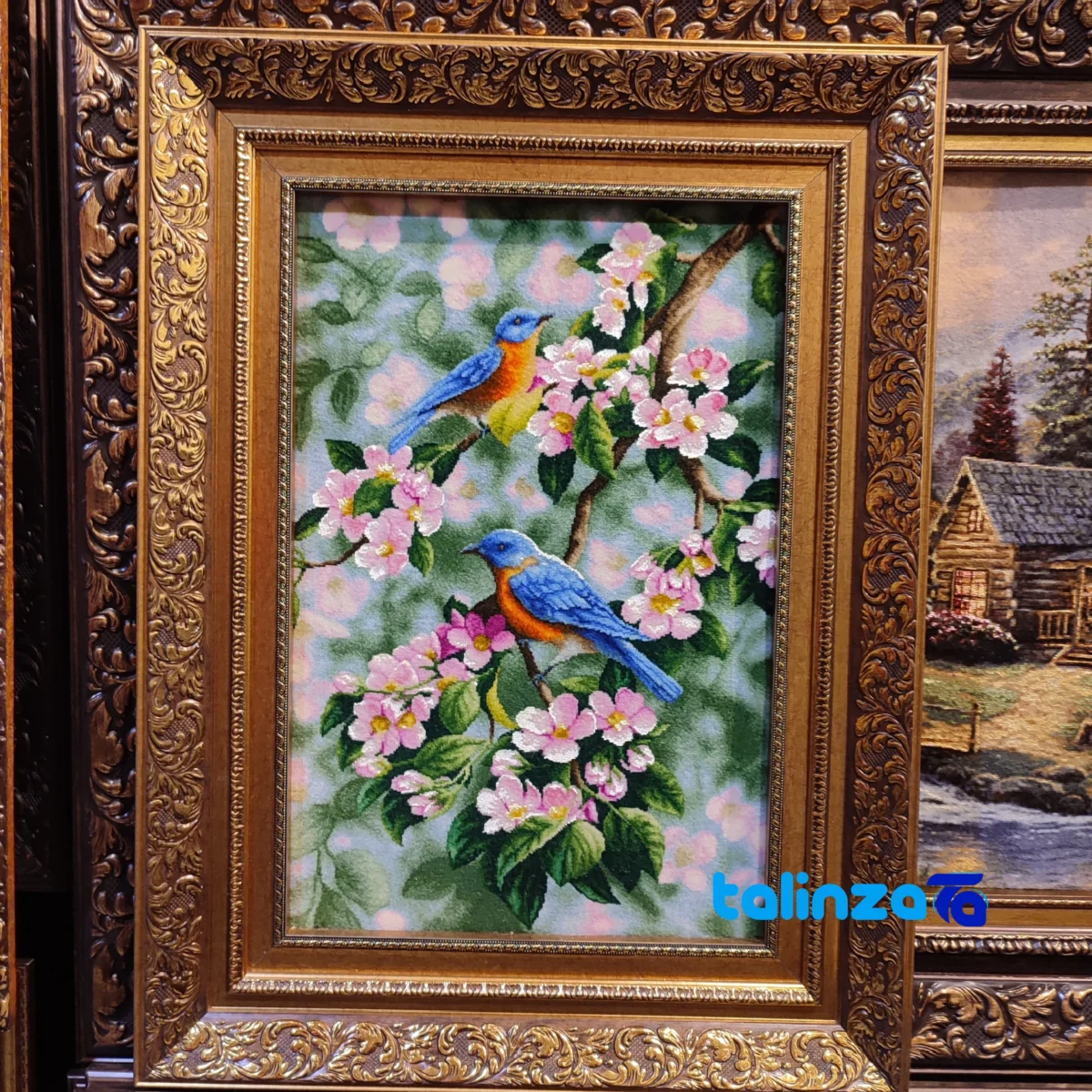 Edge view of RAR Handwoven Carpet Wall Art Spring Birds Design border and finishing