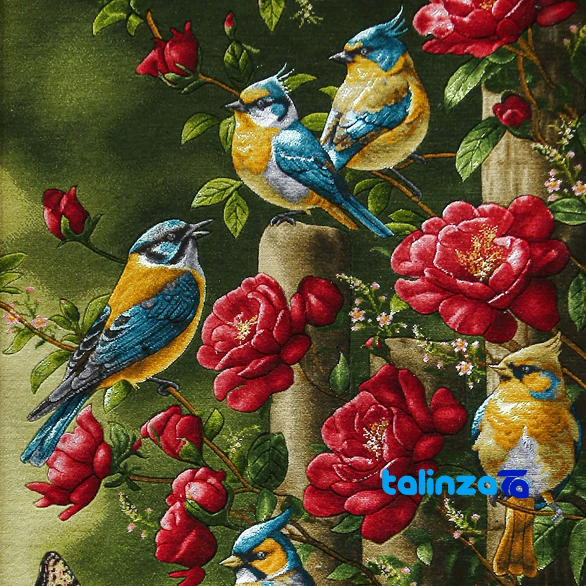 Edge view of Nazgol Handwoven Carpet Wall Art Bird Design border and finishing