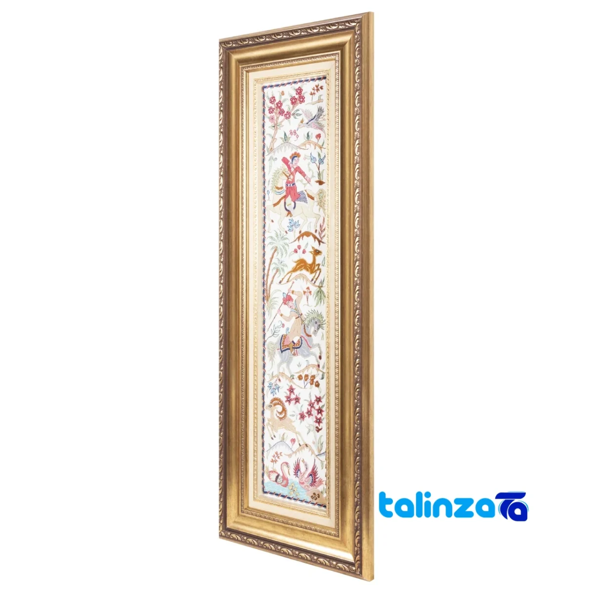 Edge view of Si Persia Handwoven Carpet Wall Art Hunting Scene border and finishing