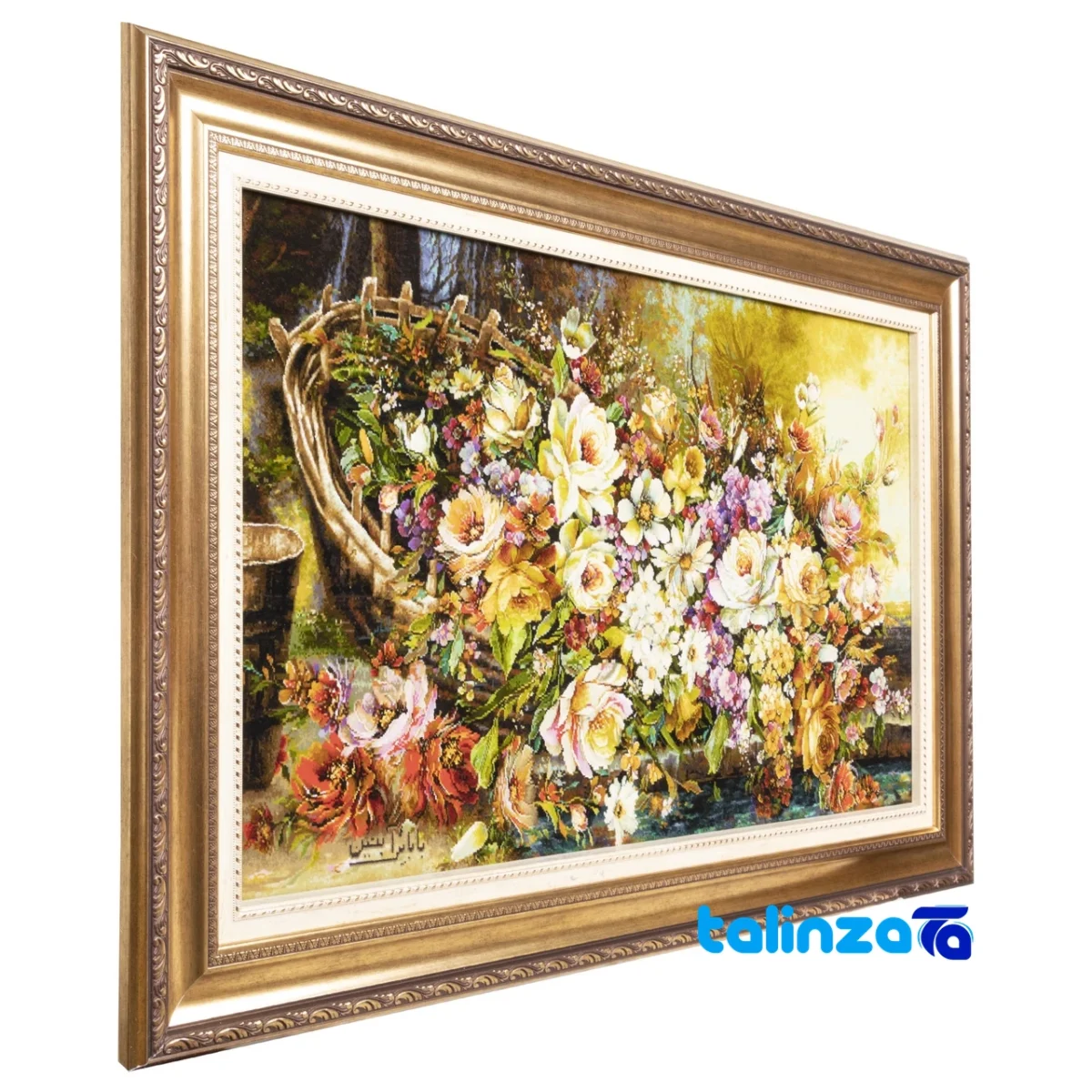 Edge view of Si Persia Handwoven Carpet Wall Art Floral Design border and finishing