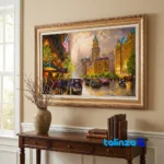 Edge view of Si Persia Handwoven Tapestry New York Rain Scene border and finishing