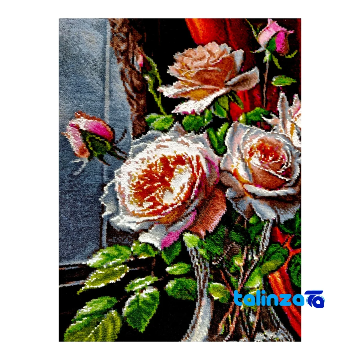Edge view of Handmade Carpet Wall Art Rose Glass Vase Design border and finishing