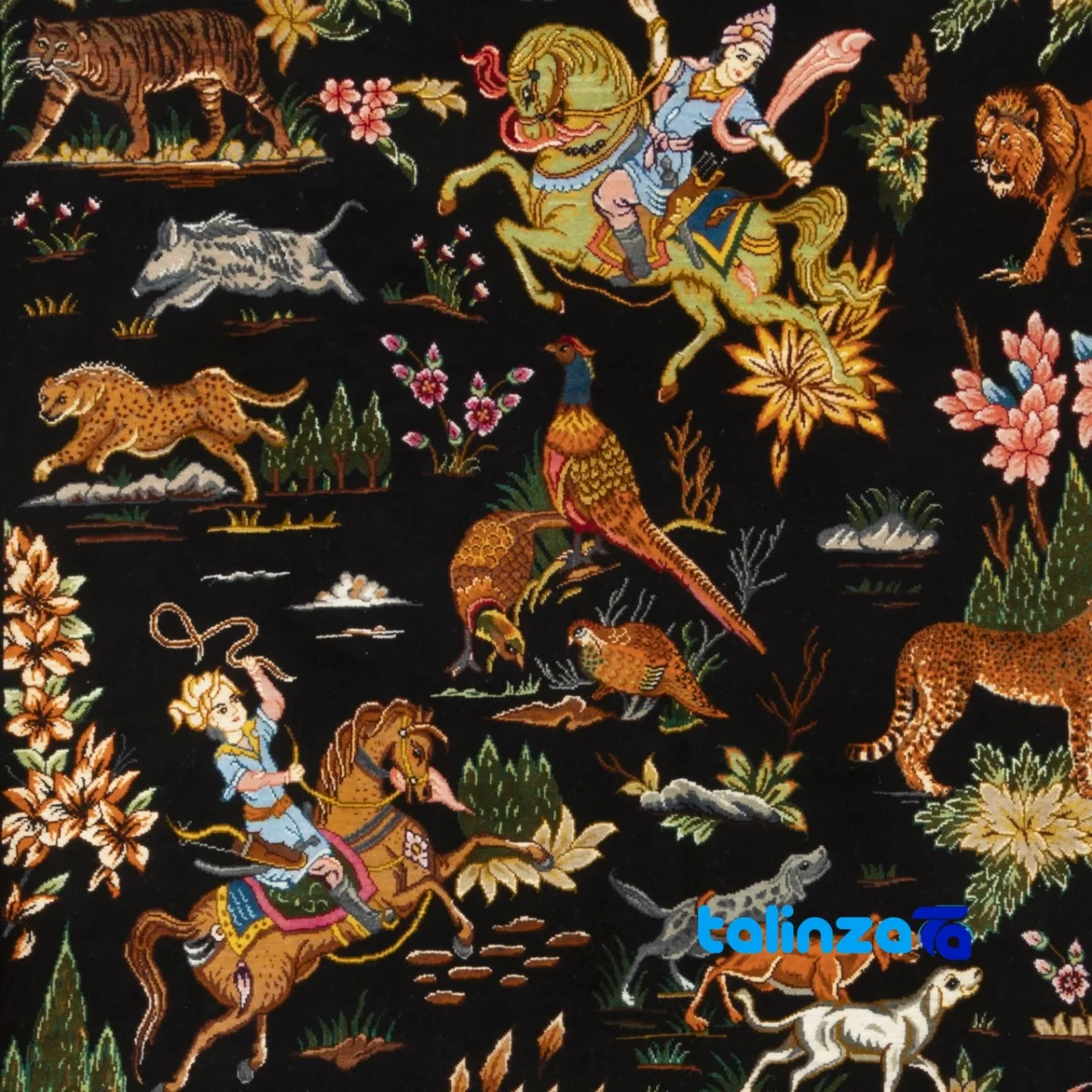 In-room view of C Persia Handwoven Tapestry Hunting Scene room styling and scale